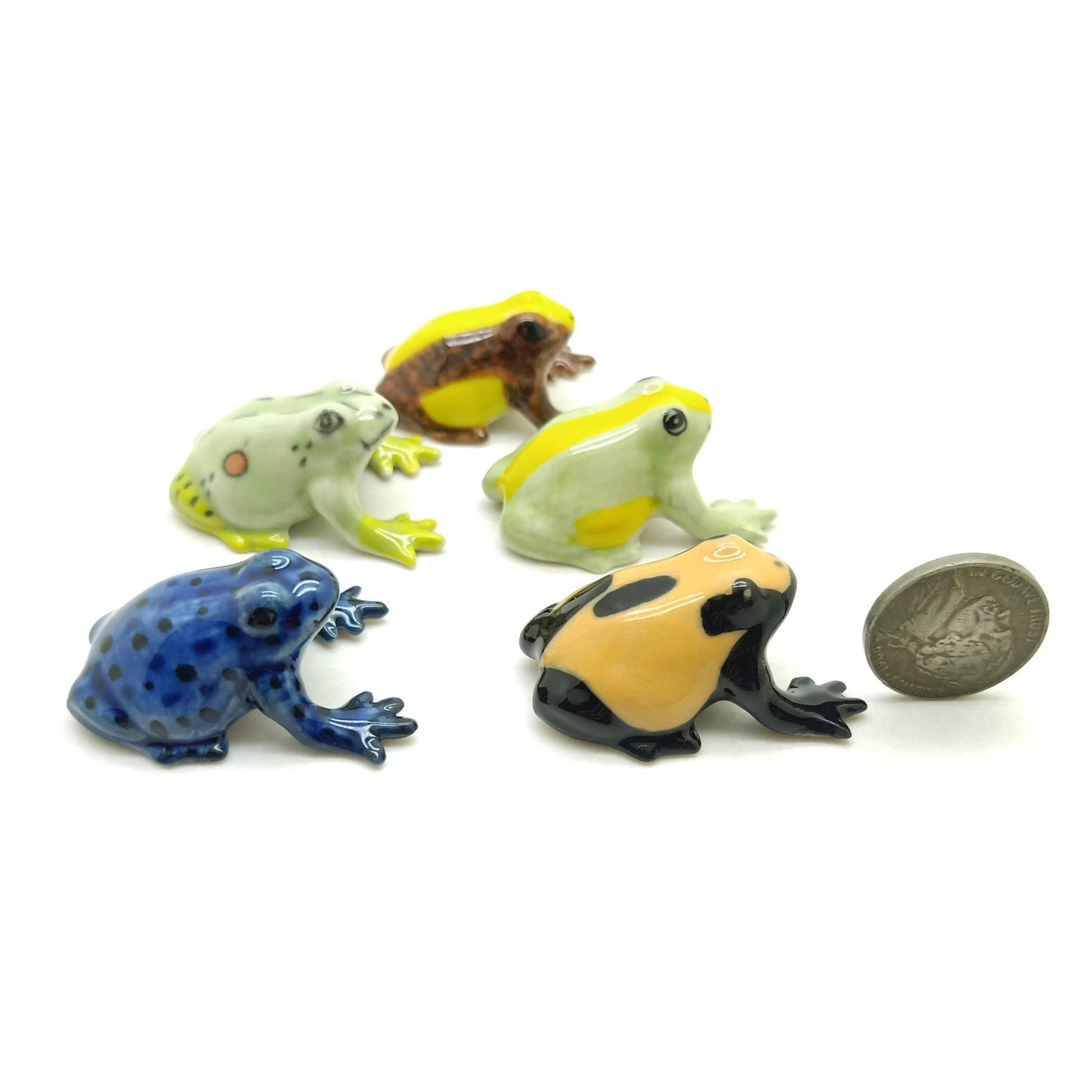 Charming Quintet of Handcrafted 5 Ceramic Frog Miniatures, Gift for Frog Lovers, Home Decoration