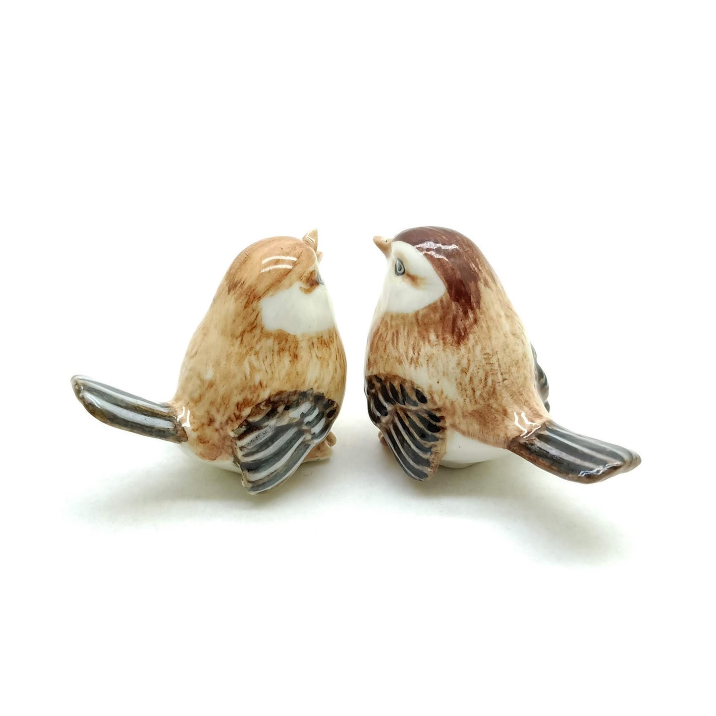 Set of 2 Sparrow Bird Figurine Ceramic Brown Miniature Statue