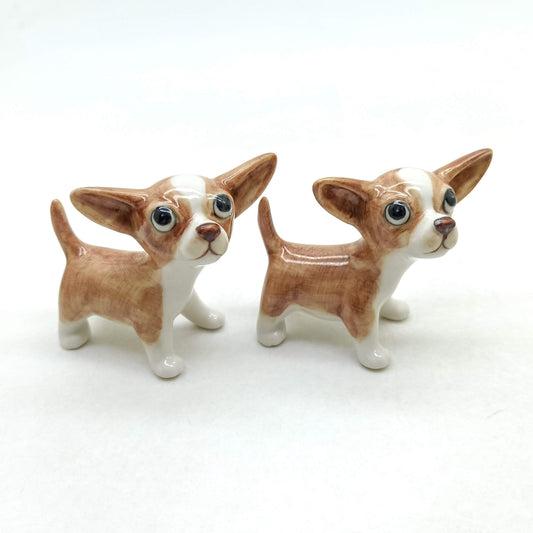 2 Chihuahua Dog Ceramic Figurine Miniature White and Brown Statue