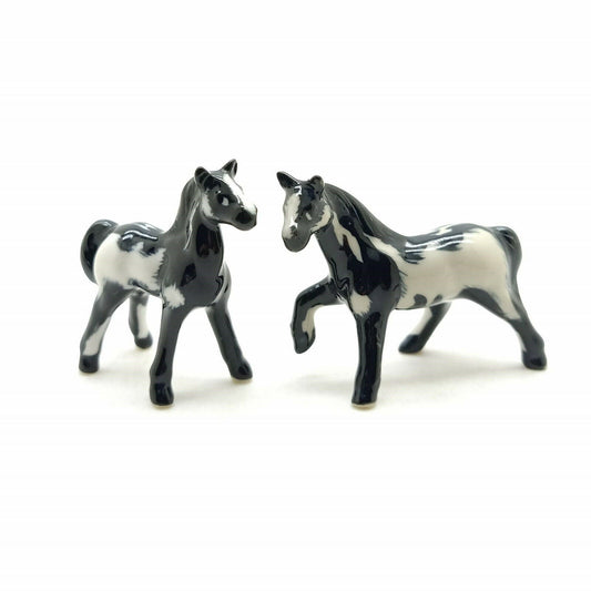 Set of 2 Horse Black and White Ceramic Figurine Miniature Statue
