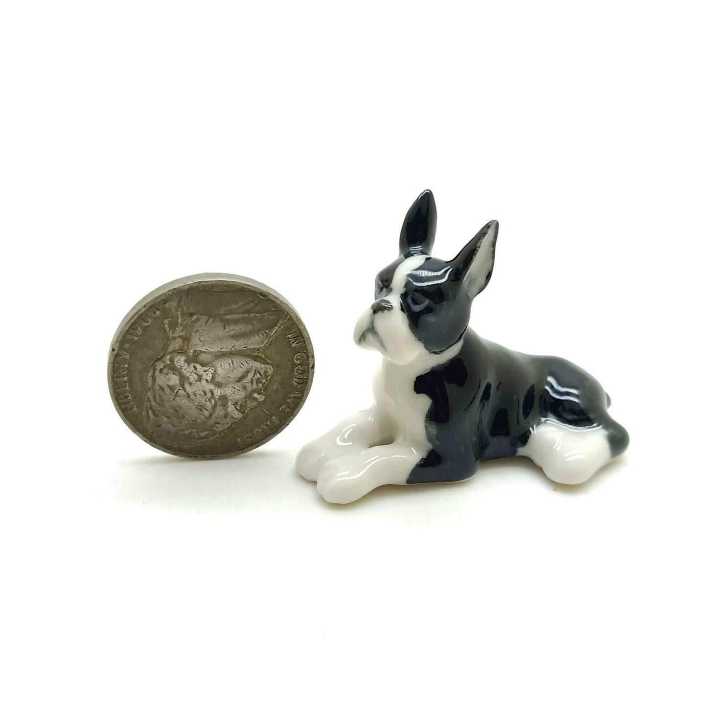 Set of 2 Boston Terrier Dog Ceramic Figurine Miniature Statue
