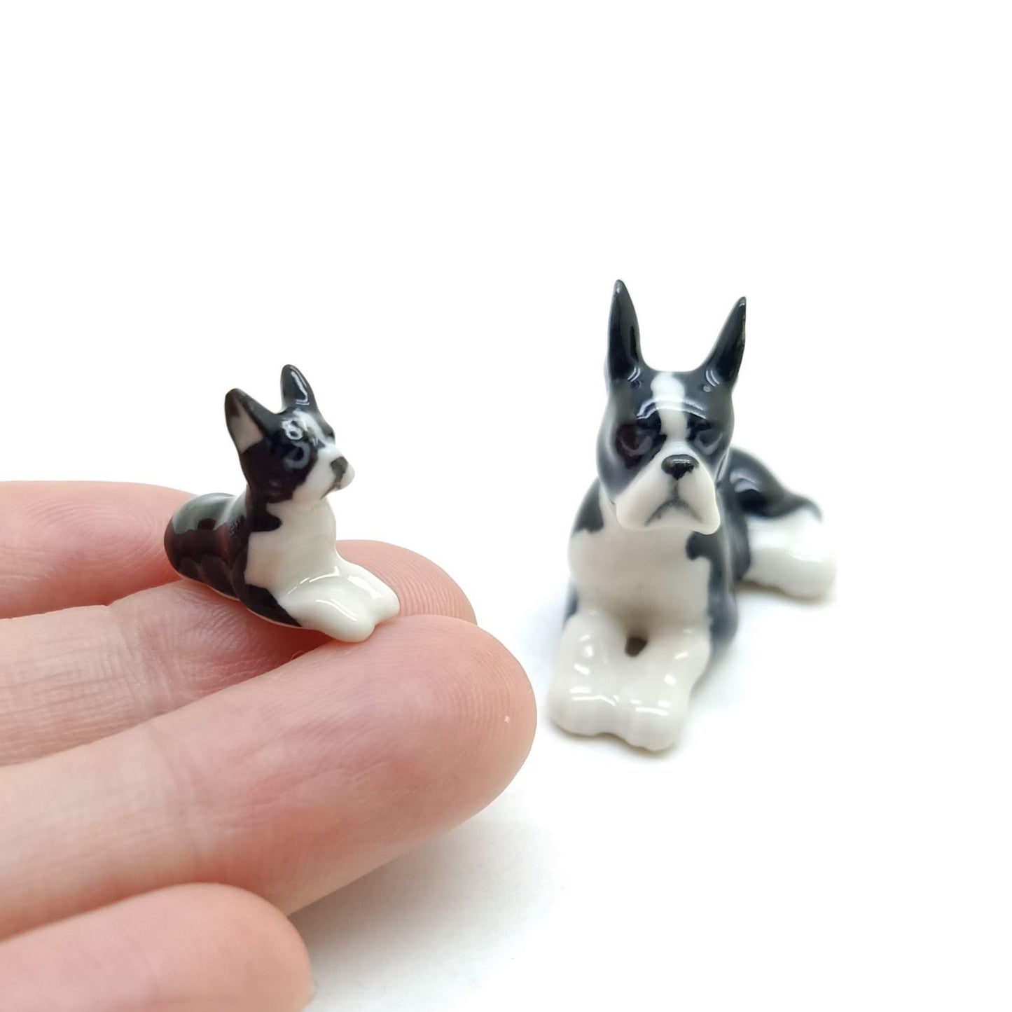 Set of 2 Boston Terrier Dog Ceramic Figurine Miniature Statue