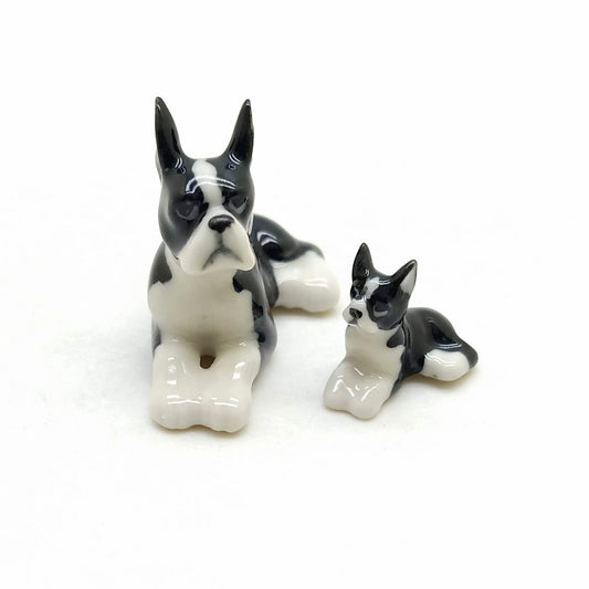 Set of 2 Boston Terrier Dog Ceramic Figurine Miniature Statue