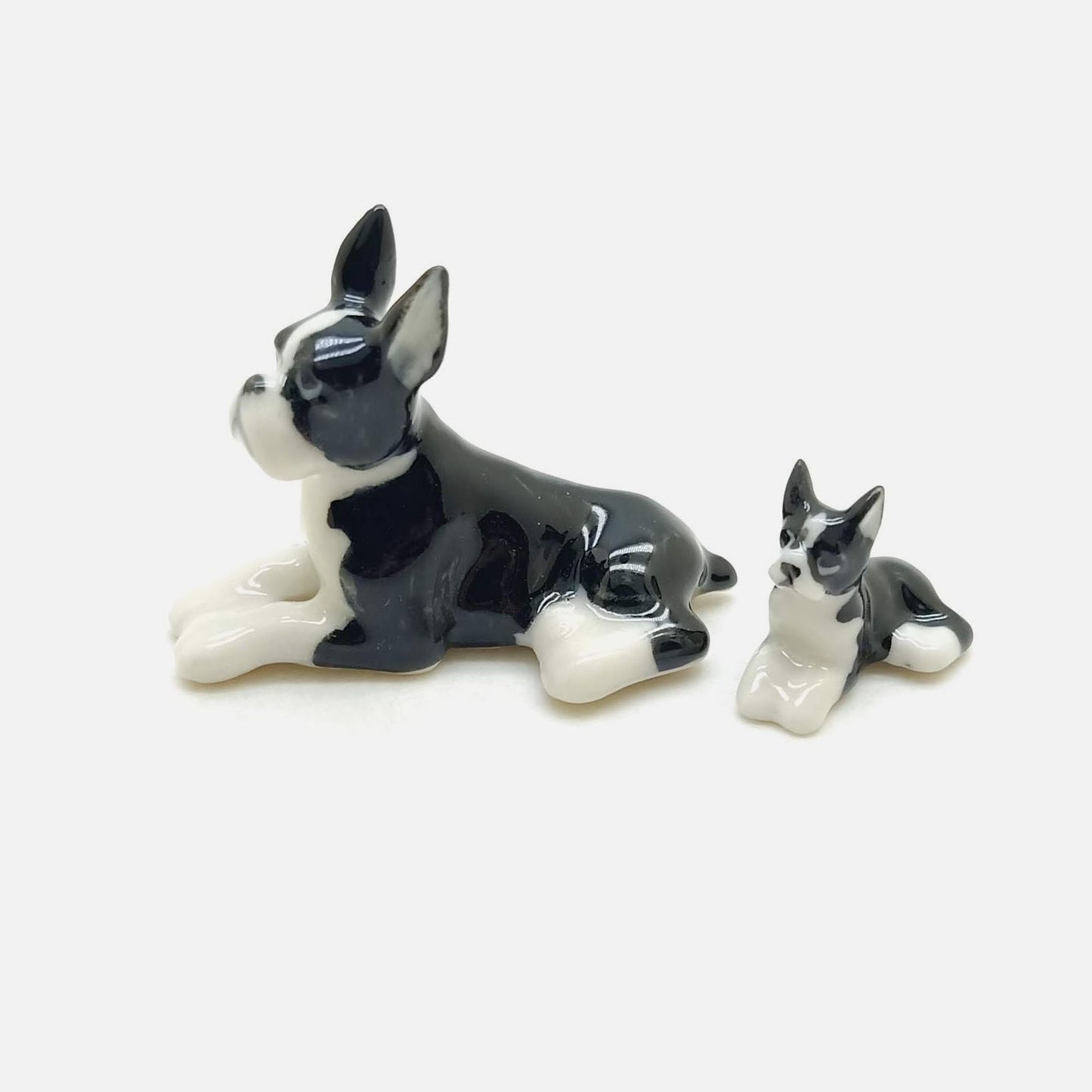 Set of 2 Boston Terrier Dog Ceramic Figurine Miniature Statue