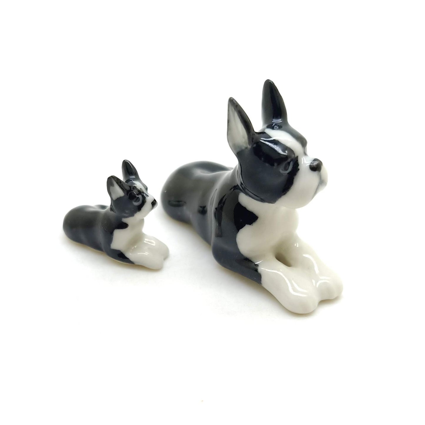Set of 2 Boston Terrier Dog Ceramic Figurine Miniature Statue