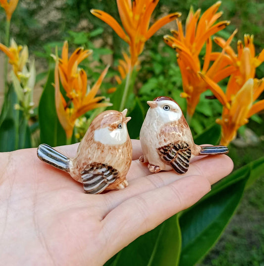 Set of 2 Sparrow Bird Figurine Ceramic Brown Miniature Statue