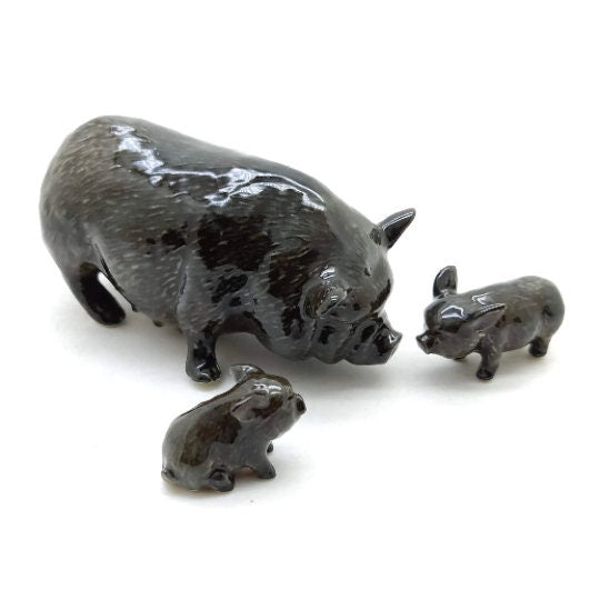 3 Pot-Bellied Kurobuta Pig Ceramic Figurines Statue