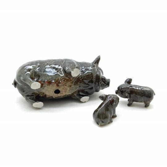 3 Pot-Bellied Kurobuta Pig Ceramic Figurines Statue