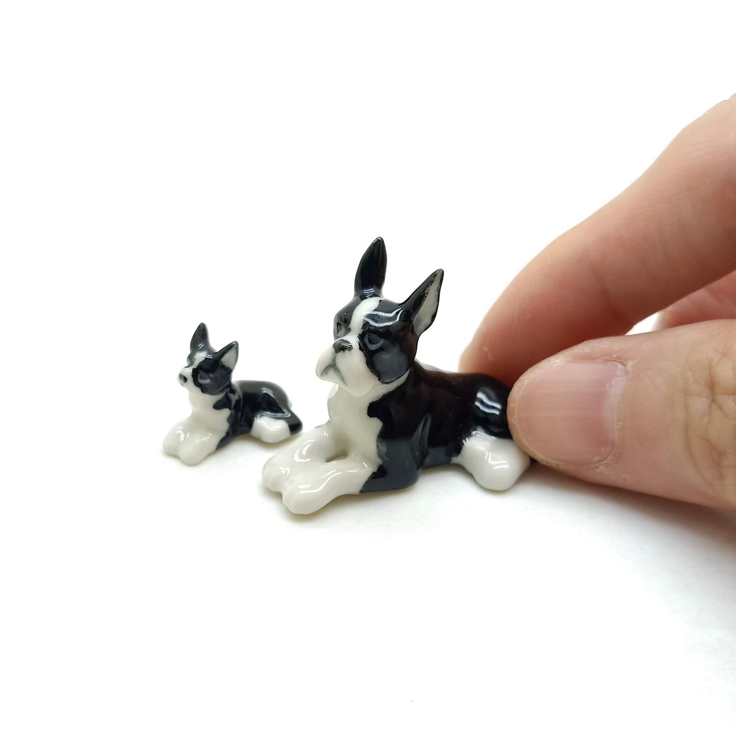 Set of 2 Boston Terrier Dog Ceramic Figurine Miniature Statue
