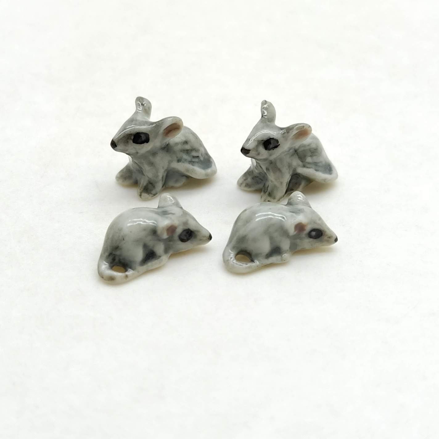 Set of 4 Tiny Rat Mouse Mice Gray Ceramic Figurine Dollhouse Miniature Gray