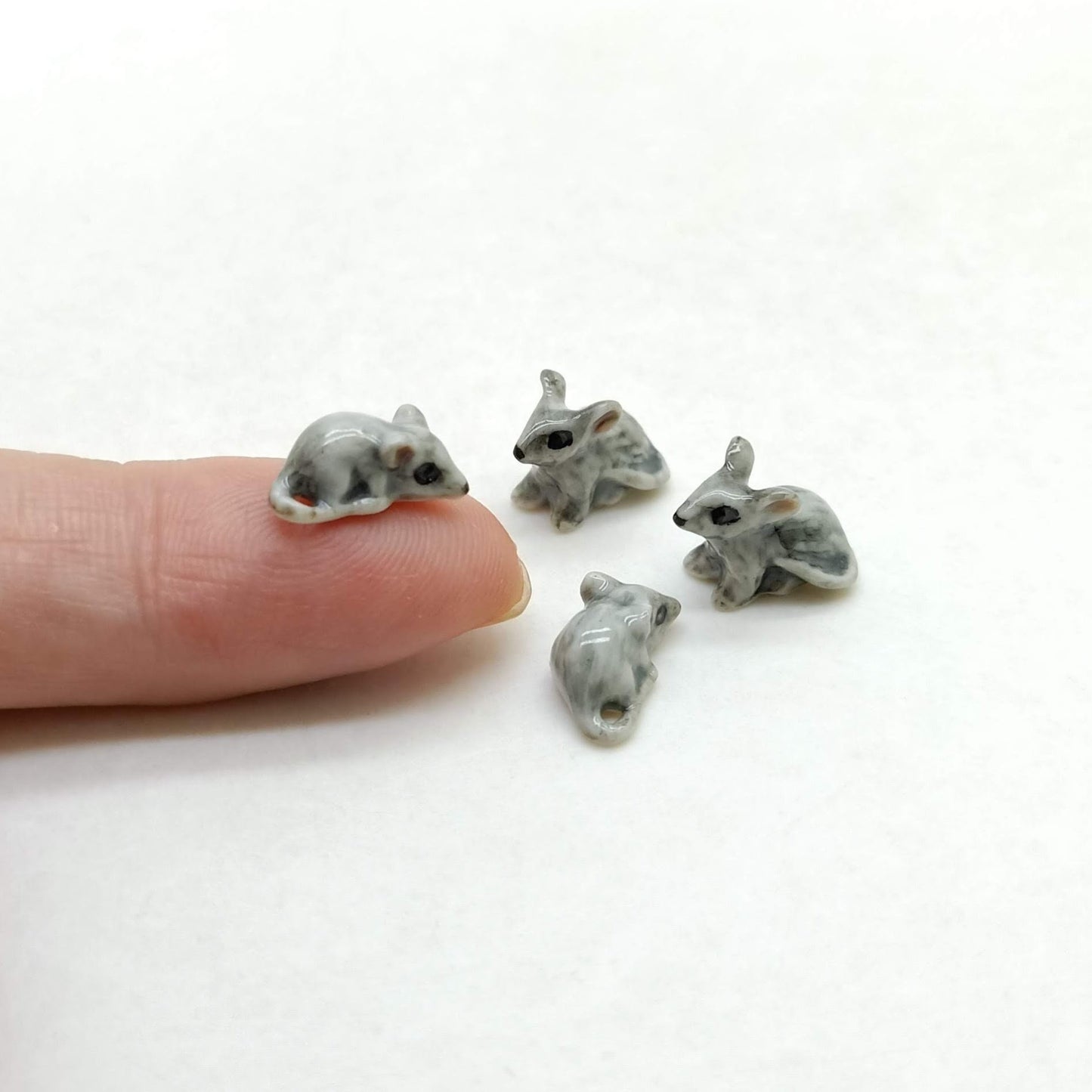 Set of 4 Tiny Rat Mouse Mice Gray Ceramic Figurine Dollhouse Miniature Gray