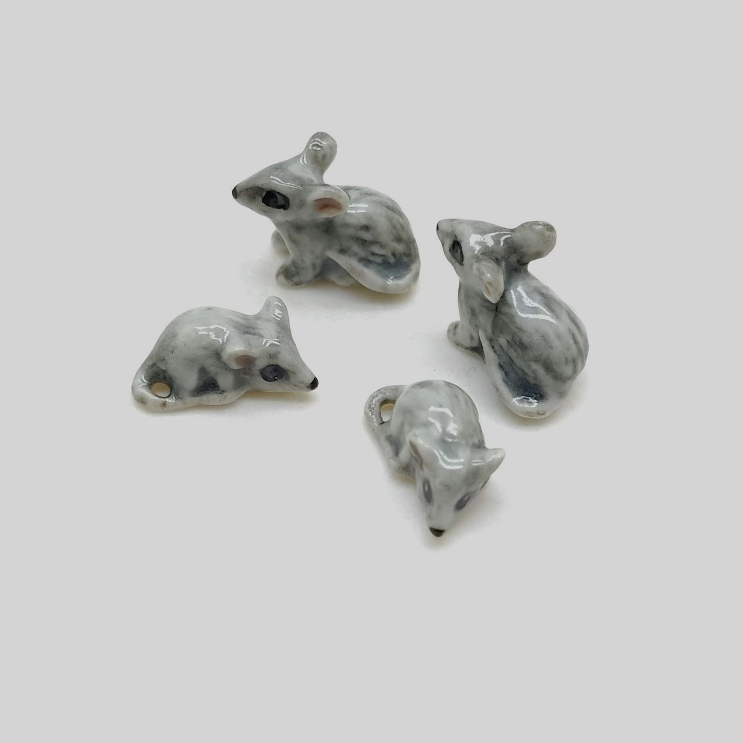 Set of 4 Tiny Rat Mouse Mice Gray Ceramic Figurine Dollhouse Miniature Gray
