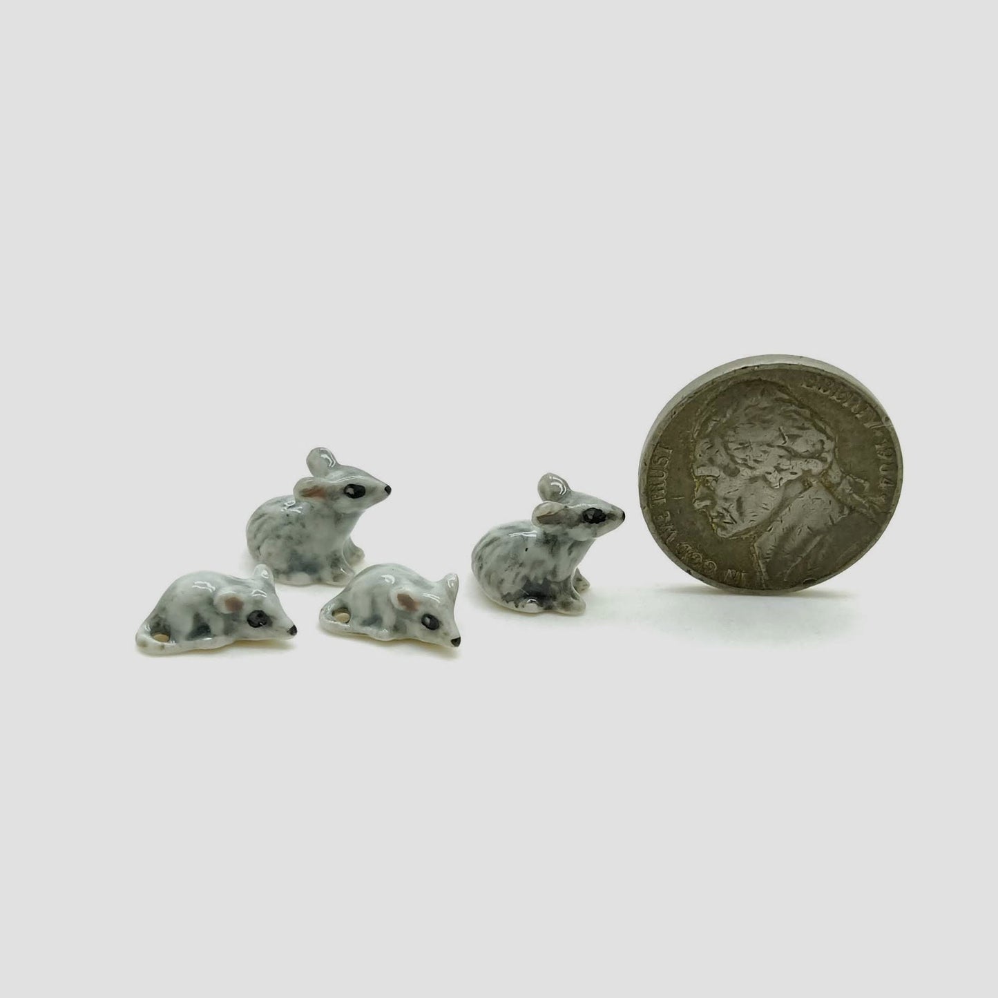 Set of 4 Tiny Rat Mouse Mice Gray Ceramic Figurine Dollhouse Miniature Gray