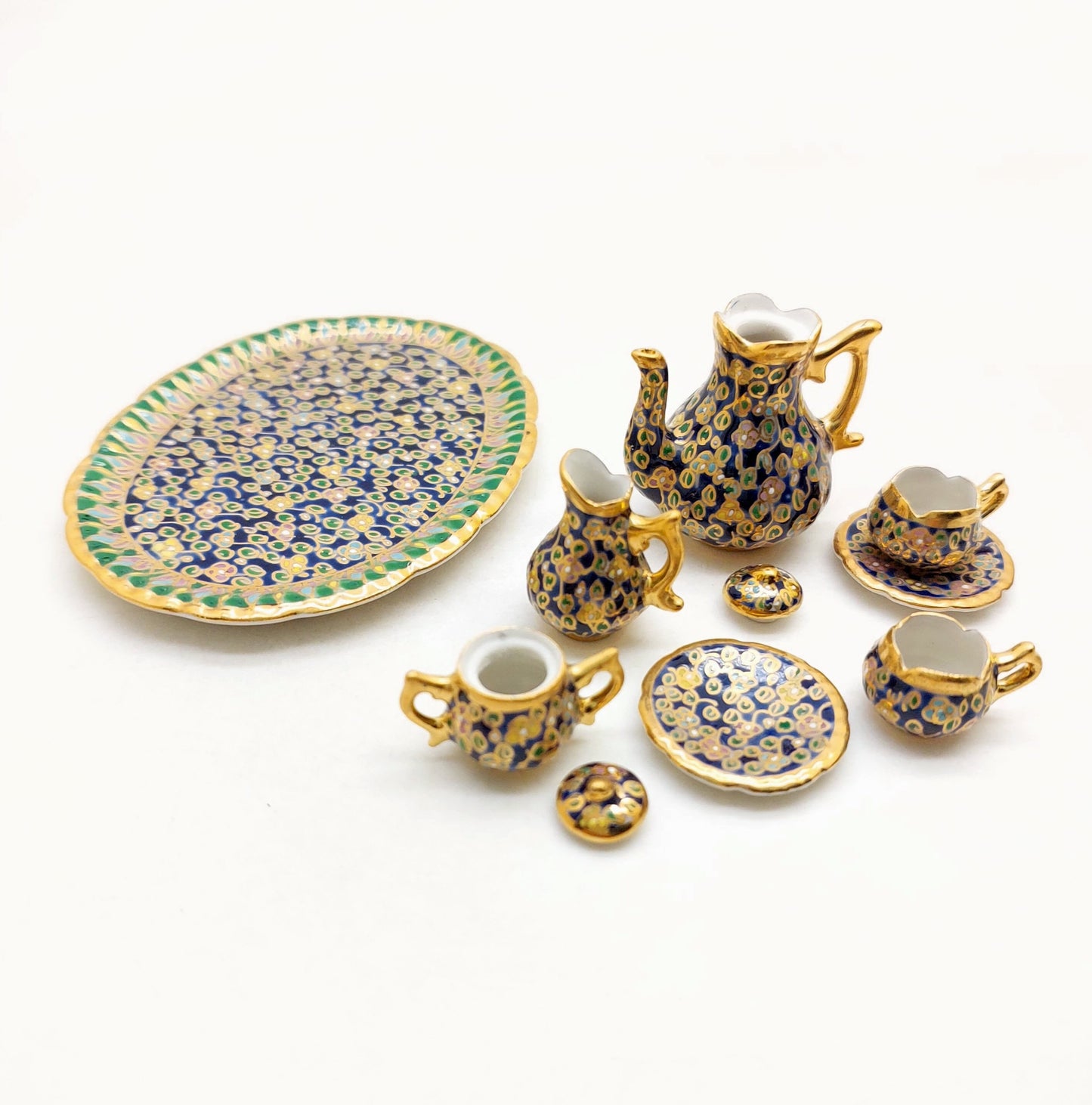 Ceramic Porcelain Miniature Coffee & Teapot Set, Benjarong patterns Golden Dots, Dollhouse Decoration, Gift for Coffee Tea Lovers