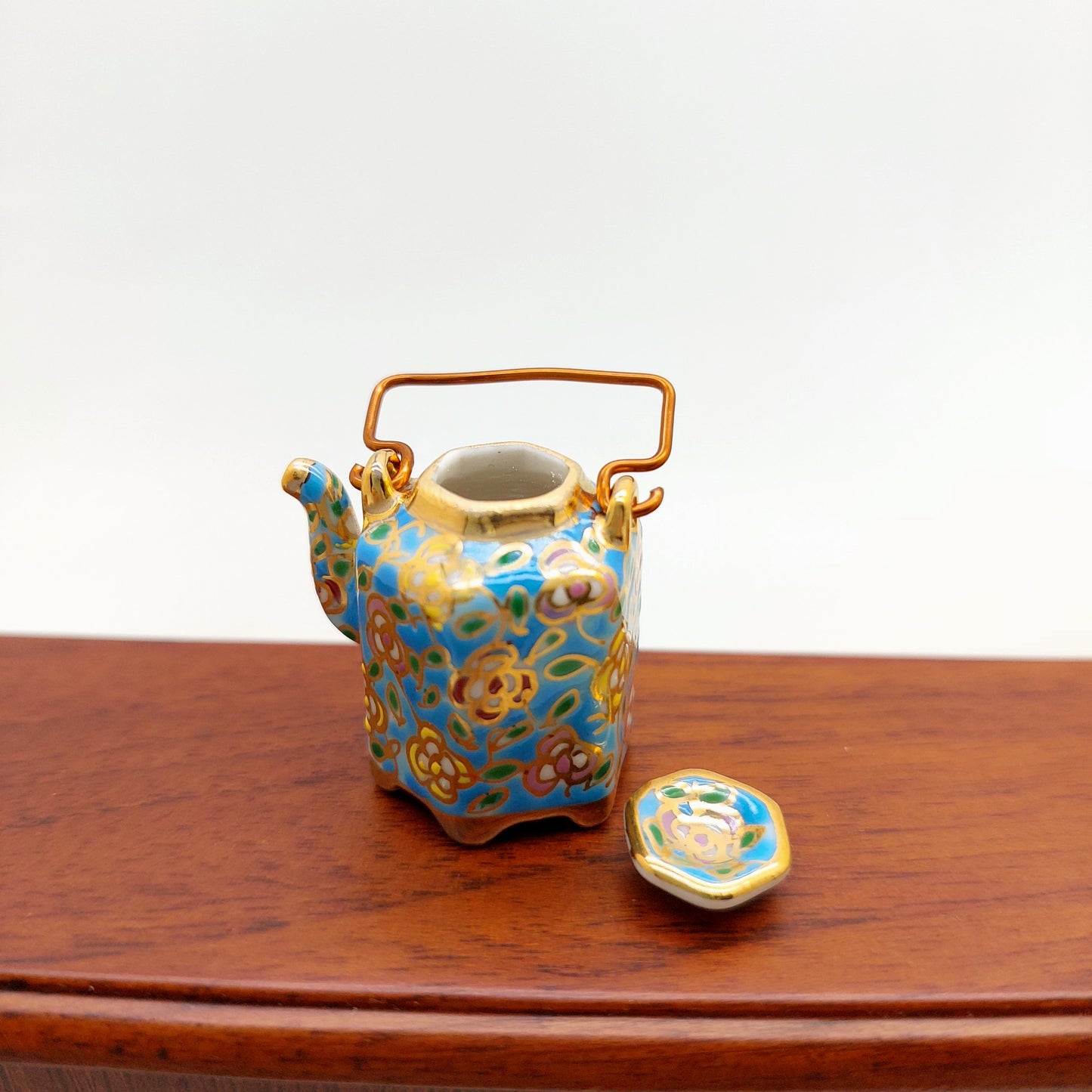 Ceramic Porcelain Miniature Chinese Teapot with Copper Handle, Benjarong patterns Golden Dots, Dollhouse Decoration, Gift for Teapot Lovers