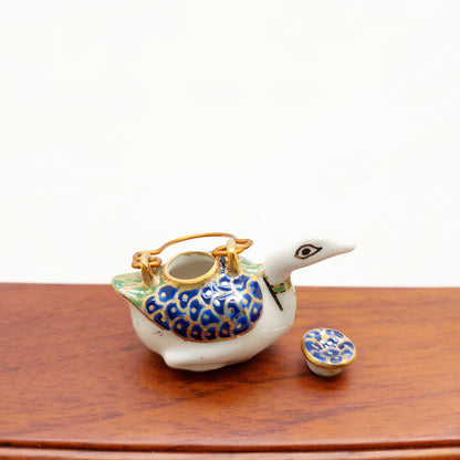 Ceramic Porcelain Miniature Duck Shaped Teapot with Copper Handle, Benjarong patterns Golden Dots, Dollhouse Decor, Gift for Teapot Lovers