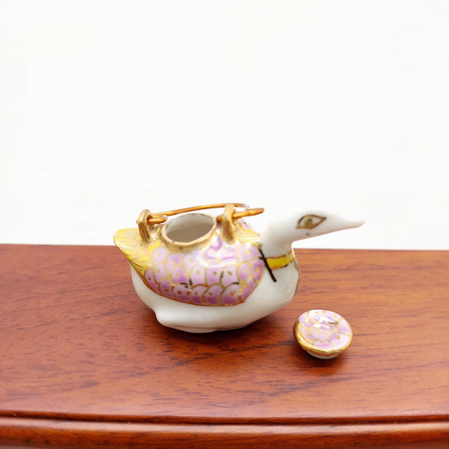 Ceramic Porcelain Miniature Duck Shaped Teapot with Copper Handle, Benjarong patterns Golden Dots, Dollhouse Decor, Gift for Teapot Lovers