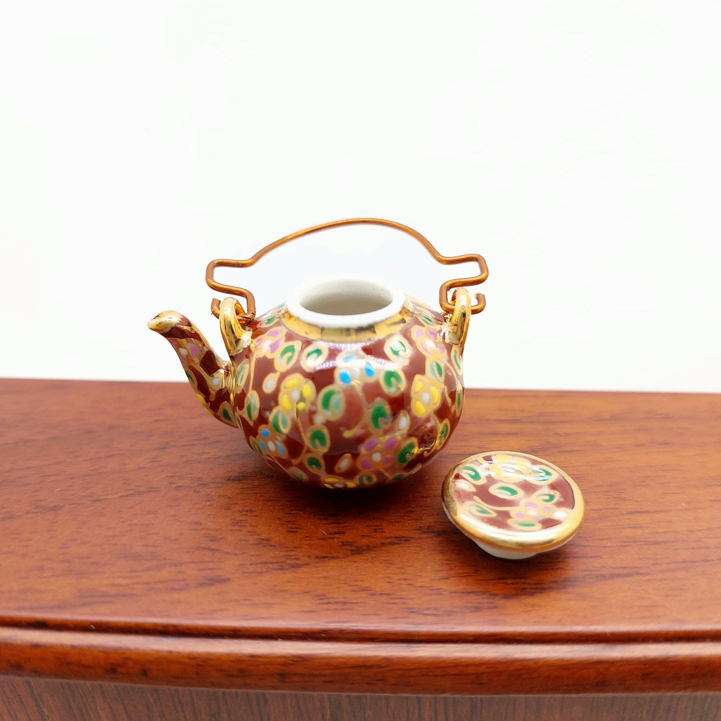 Ceramic Porcelain Miniature Chinese Teapot with Copper Handle, Benjarong patterns Golden Dots, Dollhouse Decoration, Gift for Teapot Lovers