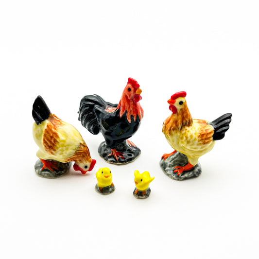 Charming Countryside Ceramic Chicken Family Figurines - Hand-Painted Barnyard Collectibles, Gift for Farm Animal Figurines Collectors
