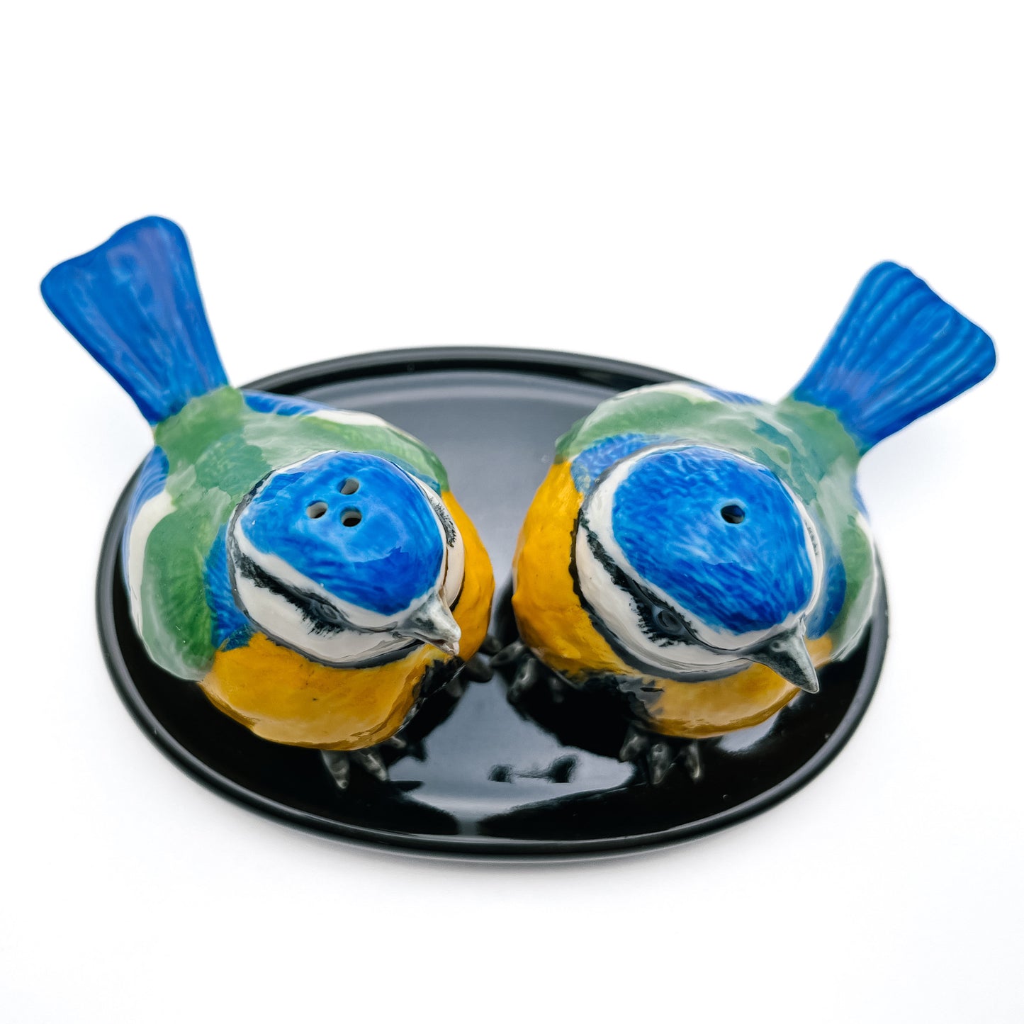 Whimsical Eurasian Blue Tits Ceramic Salt & Pepper Shakers with Optional Glossy Black Tray, Gift for bird lovers, Kitchen Dining Decoration