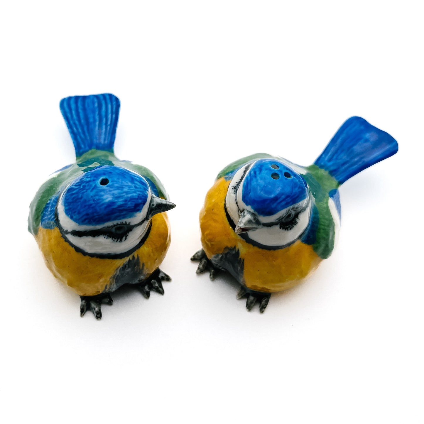 Whimsical Eurasian Blue Tits Ceramic Salt & Pepper Shakers with Optional Glossy Black Tray, Gift for bird lovers, Kitchen Dining Decoration