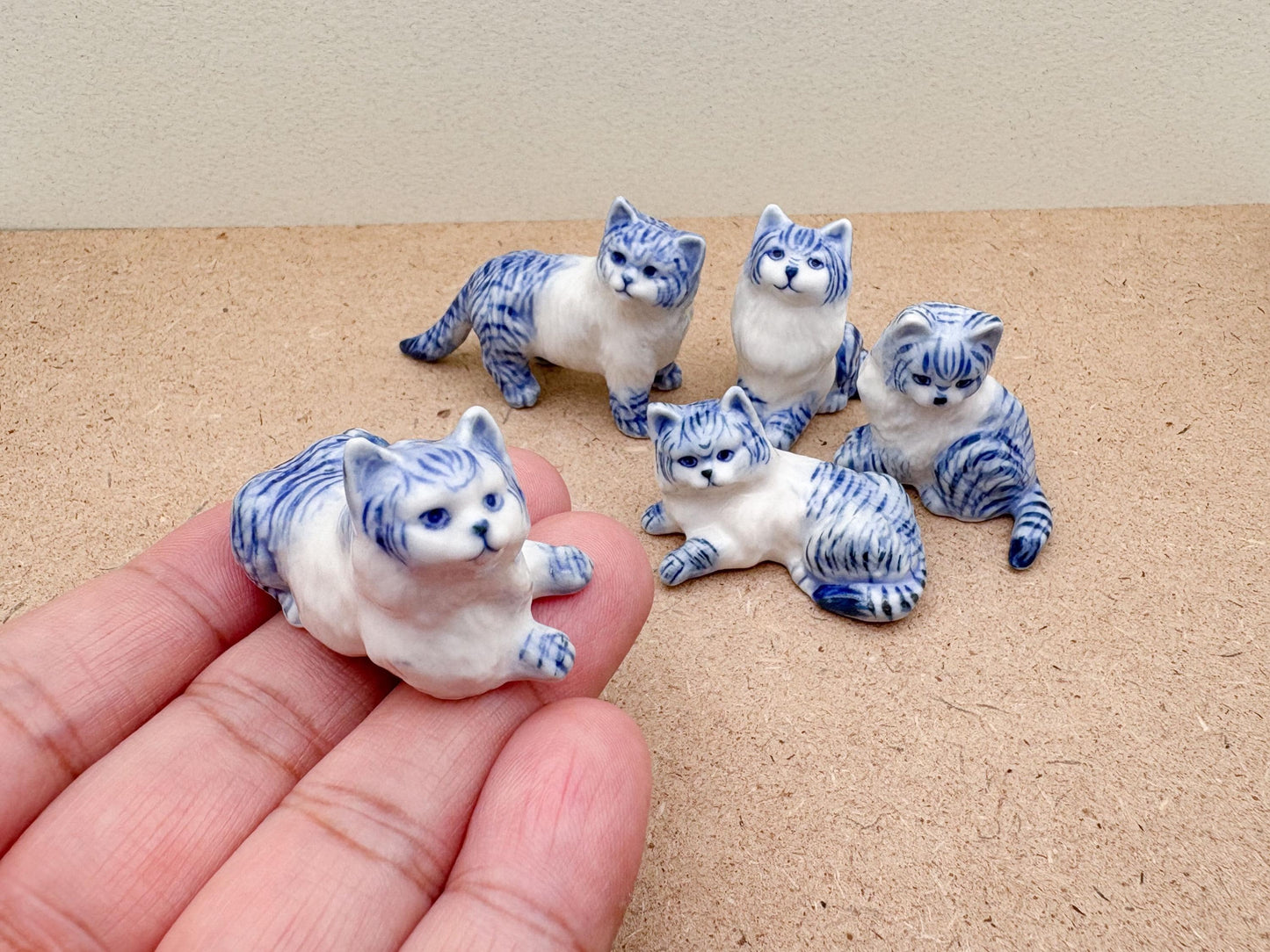 Handcrafted Blue & White Porcelain Cat Figurine: Collectible Ceramic Kitty