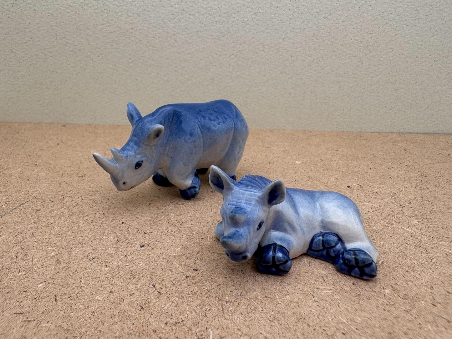 Blue Ceramic Rhino Figurine Set, Safari Animal Decor