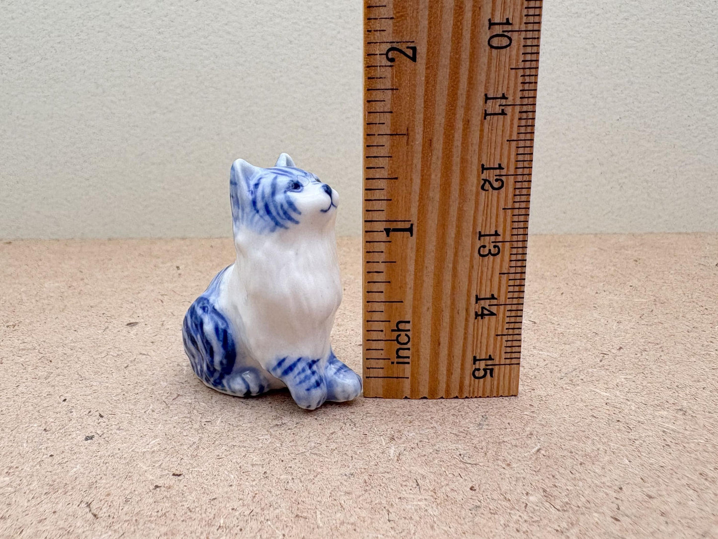 Handcrafted Blue & White Porcelain Cat Figurine: Collectible Ceramic Kitty
