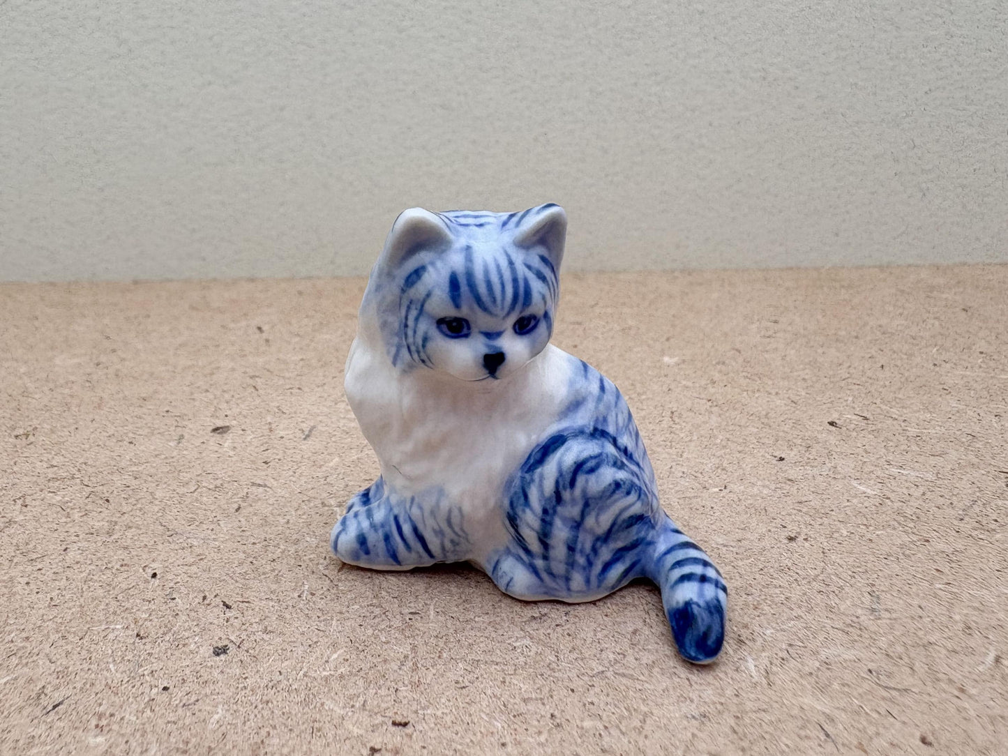 Handcrafted Blue & White Porcelain Cat Figurine: Collectible Ceramic Kitty
