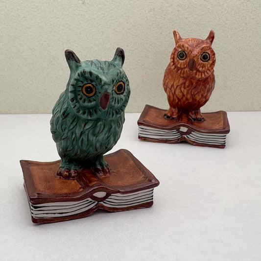 Matte Wise Owl Ceramic Figurine on Book