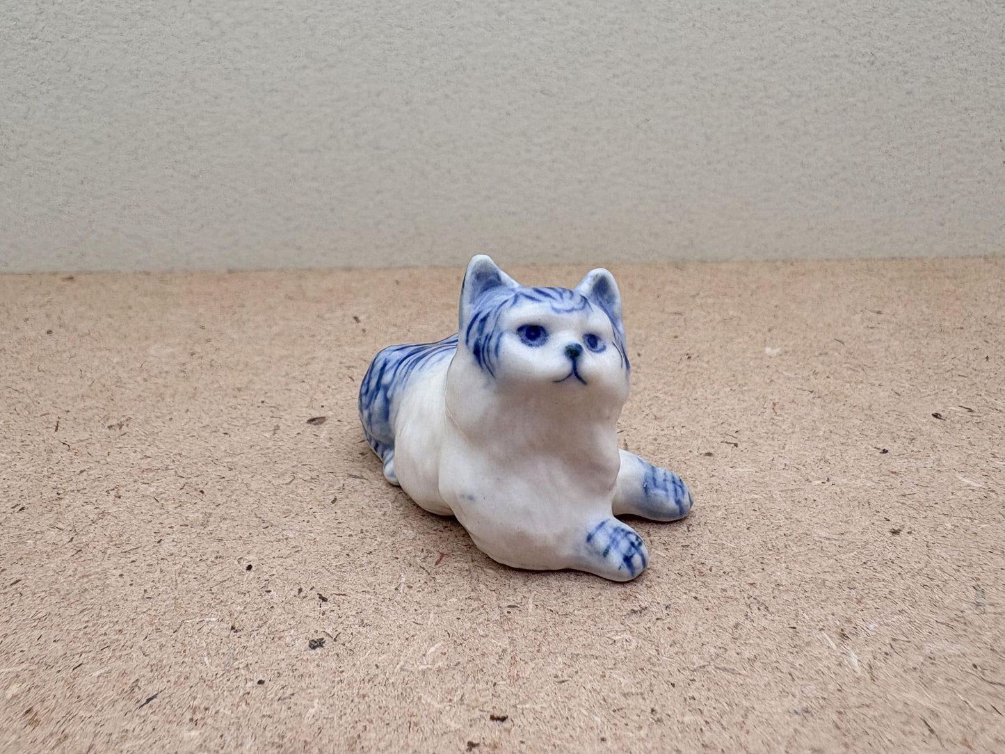Handcrafted Blue & White Porcelain Cat Figurine: Collectible Ceramic Kitty