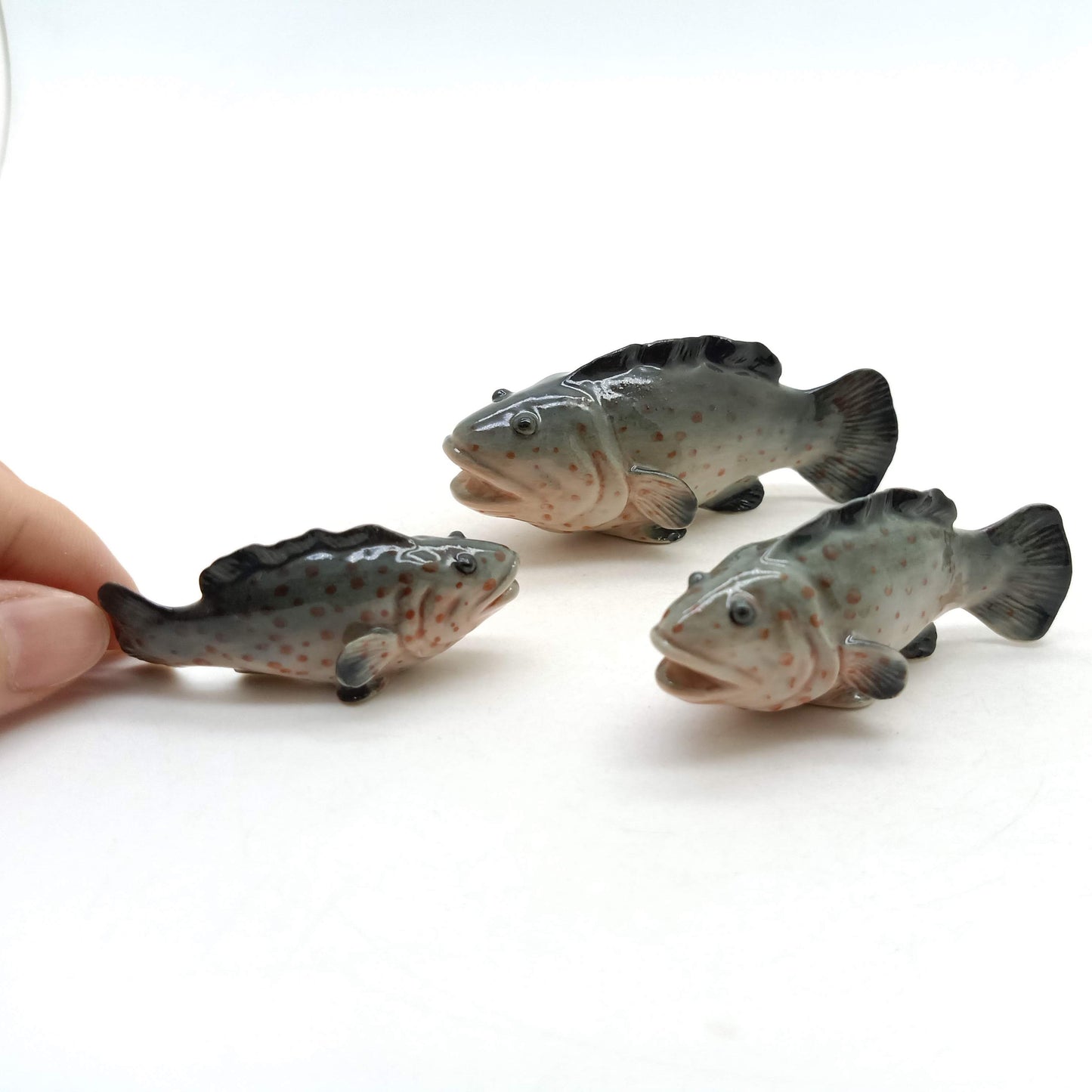 3 Grouper Fish Ceramic Figurines Miniature Statue