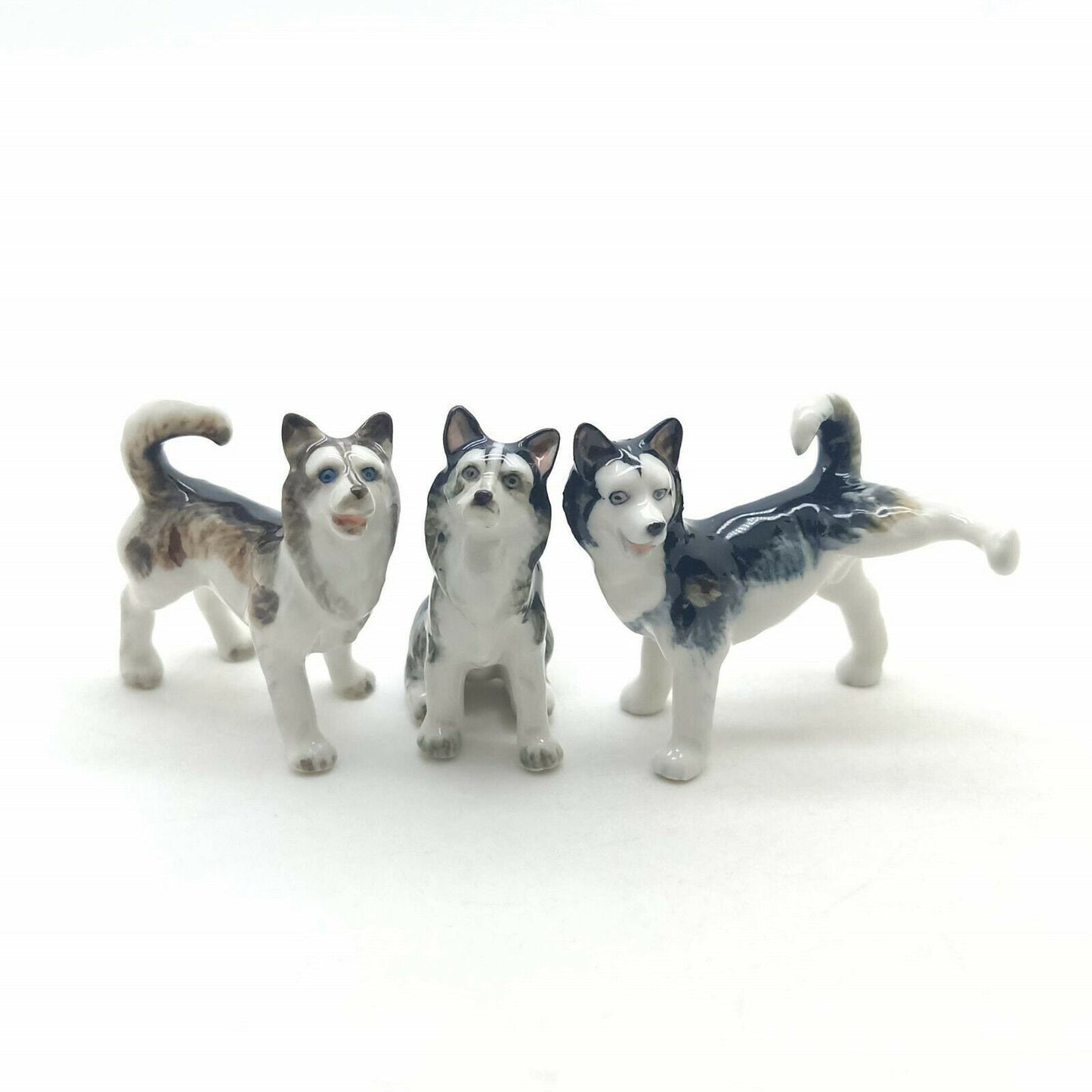 Set of 3 Siberian Husky Alaskan Malamute Dog Ceramic Figurine Animal Statue