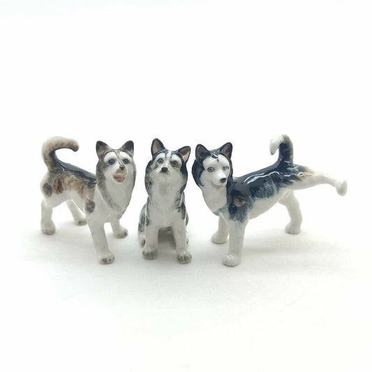 Set of 3 Siberian Husky Alaskan Malamute Dog Ceramic Figurine Animal Statue