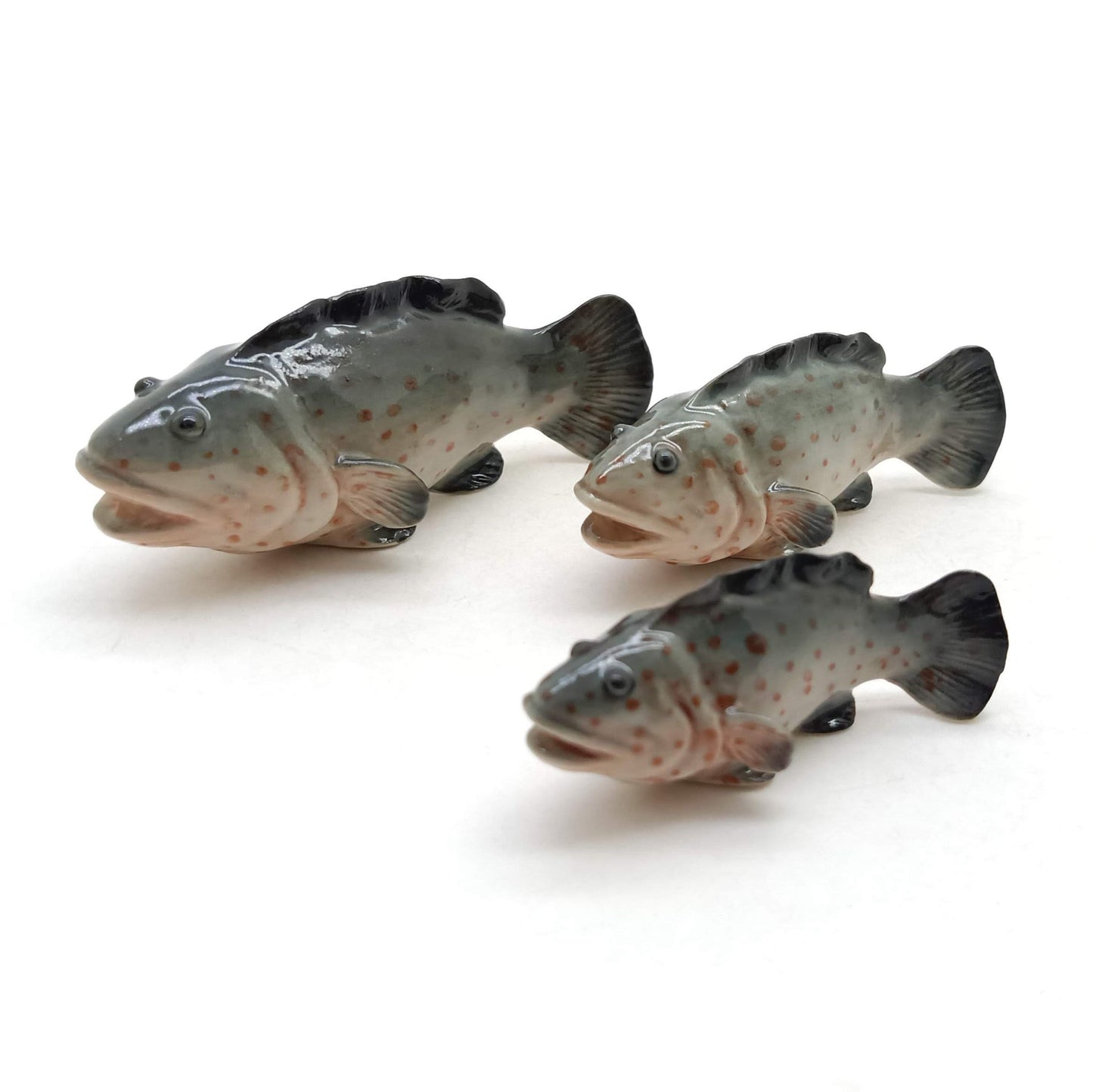 3 Grouper Fish Ceramic Figurines Miniature Statue