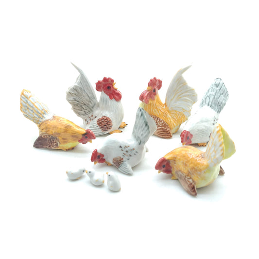 Rooster Hen Chicken Bantam Ceramic Figurine Family Statue