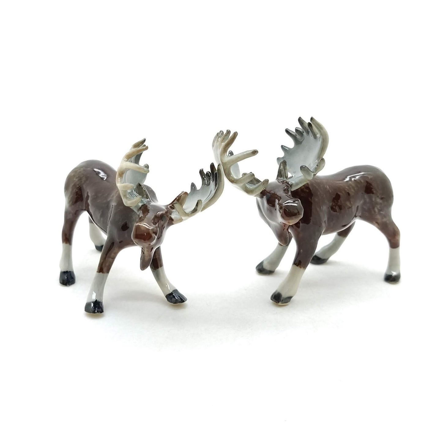 Set of 2 Moose Figurine Ceramic Wild Elk Miniature Statue