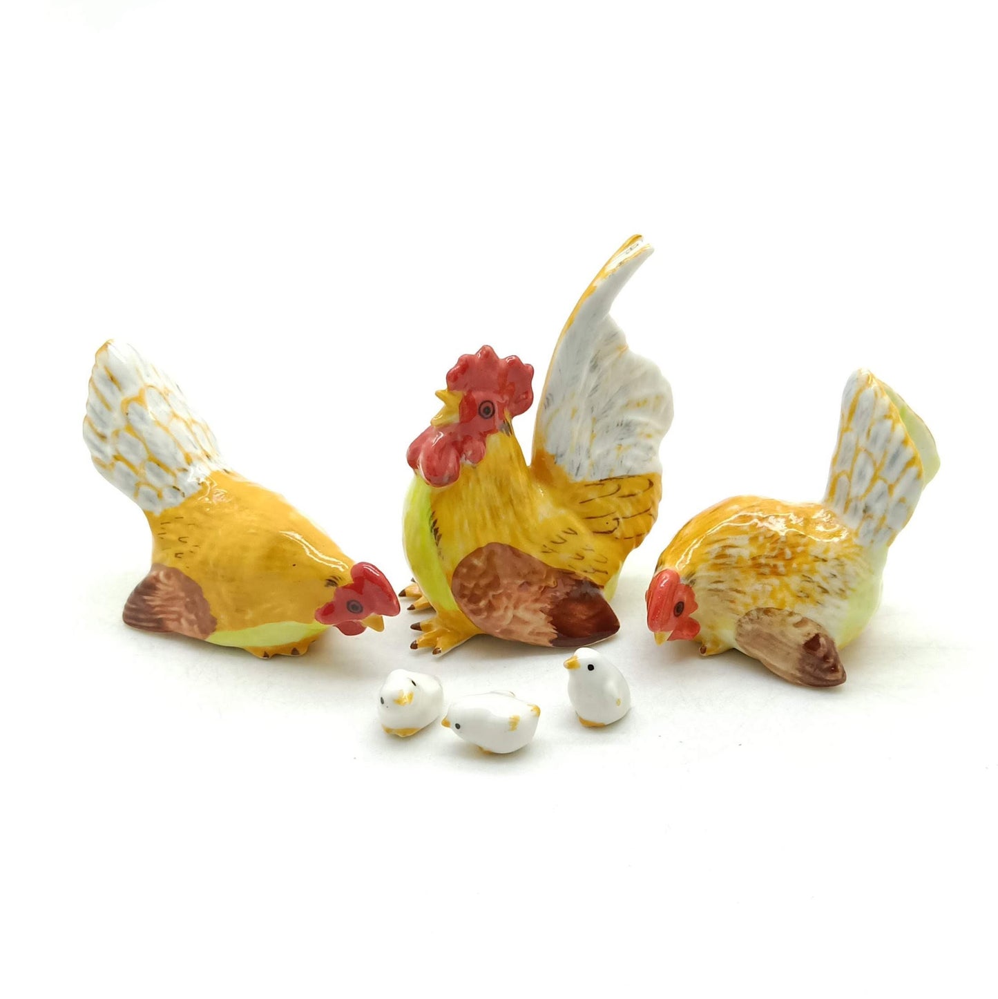 Rooster Hen Chicken Bantam Ceramic Figurine Family Statue