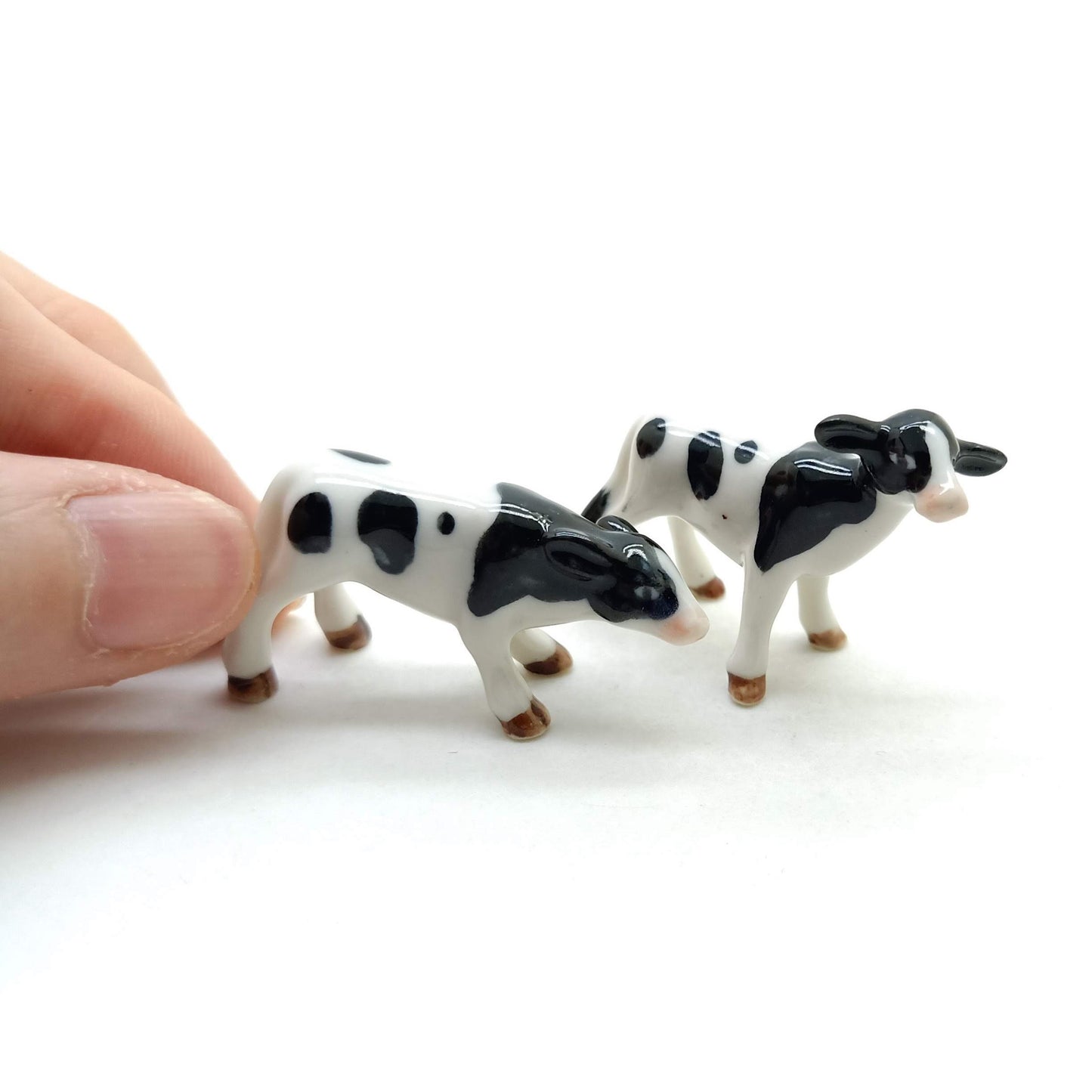 Set of 2 Cow Ceramic Figurine animal Miniature White and Black Statue