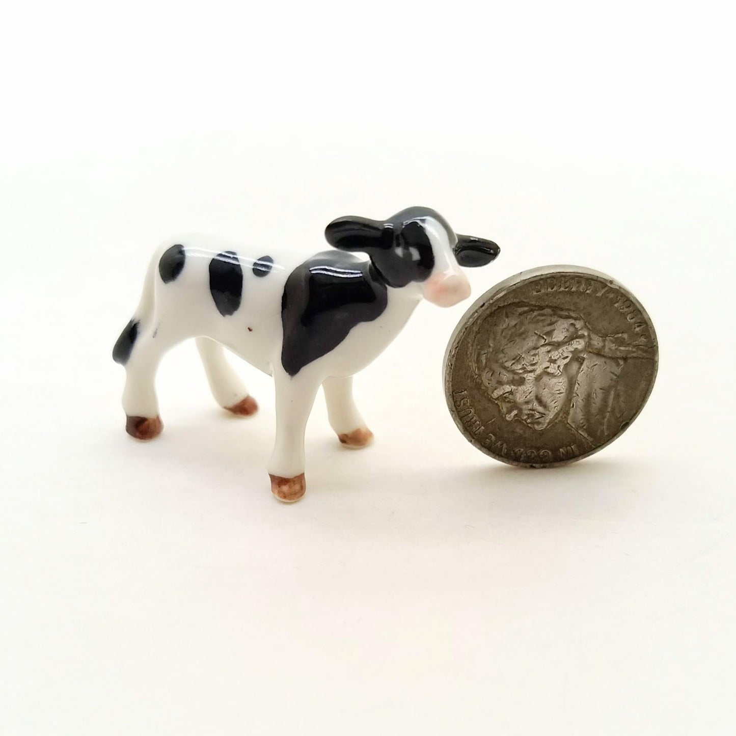 Set of 2 Cow Ceramic Figurine animal Miniature White and Black Statue