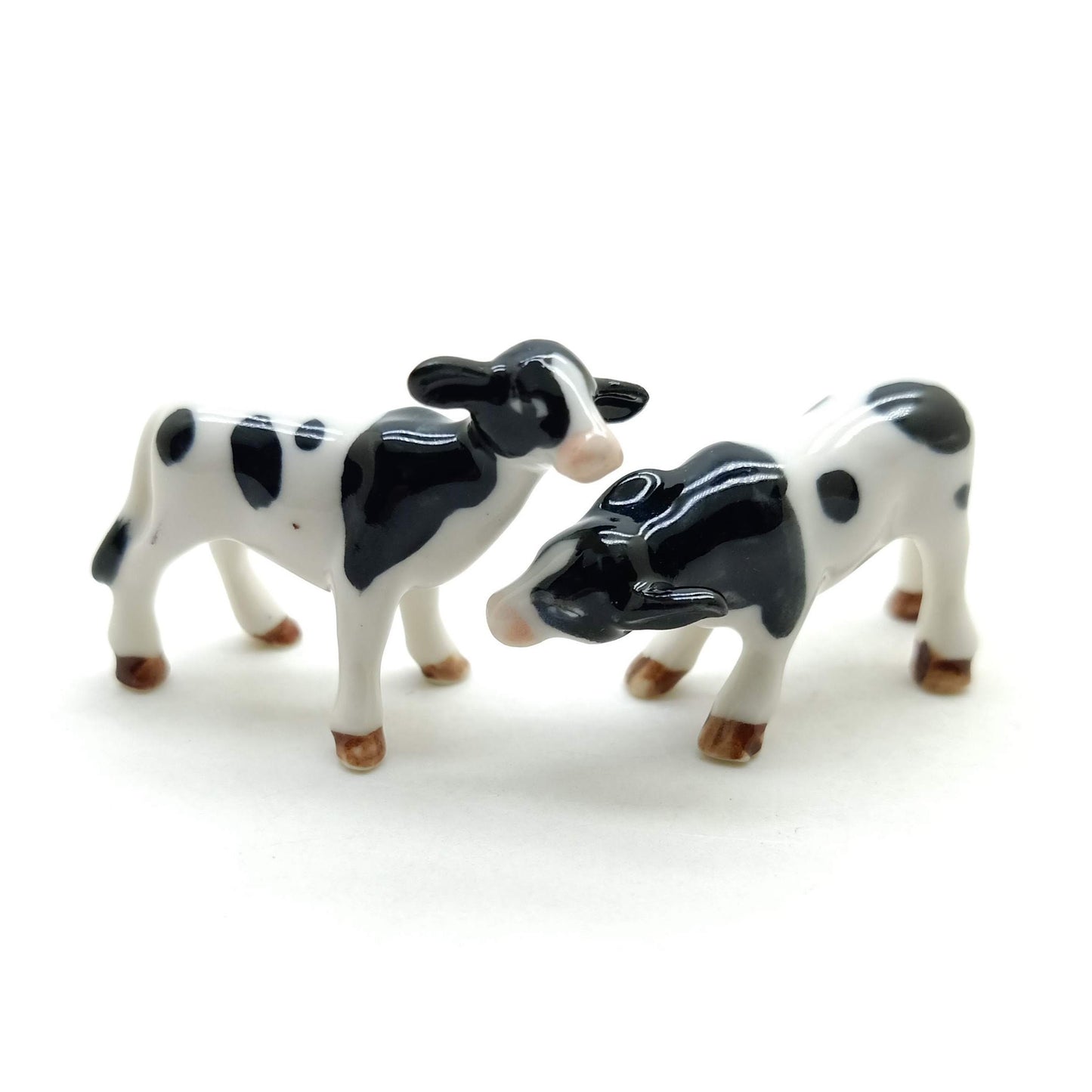 Set of 2 Cow Ceramic Figurine animal Miniature White and Black Statue
