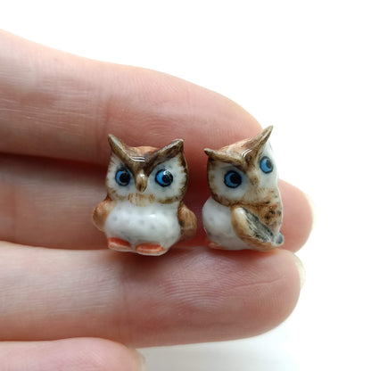 Set of 2 Tiny Owl Birds Ceramic Figurine Dollhouse Miniature Statue, Decoration