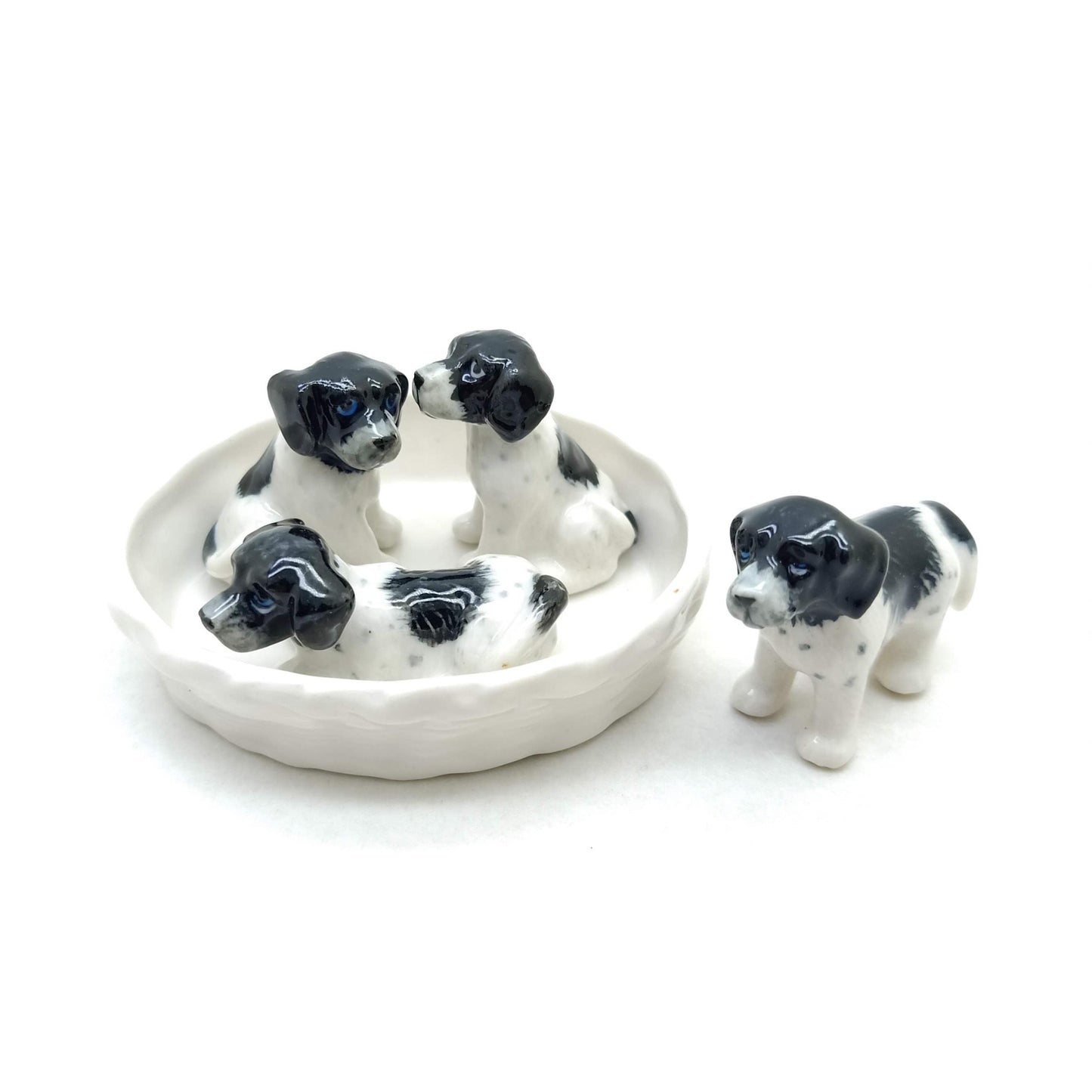 4 Puppy Old Danish Dog Ceramic Figurine Miniature and basket Statue