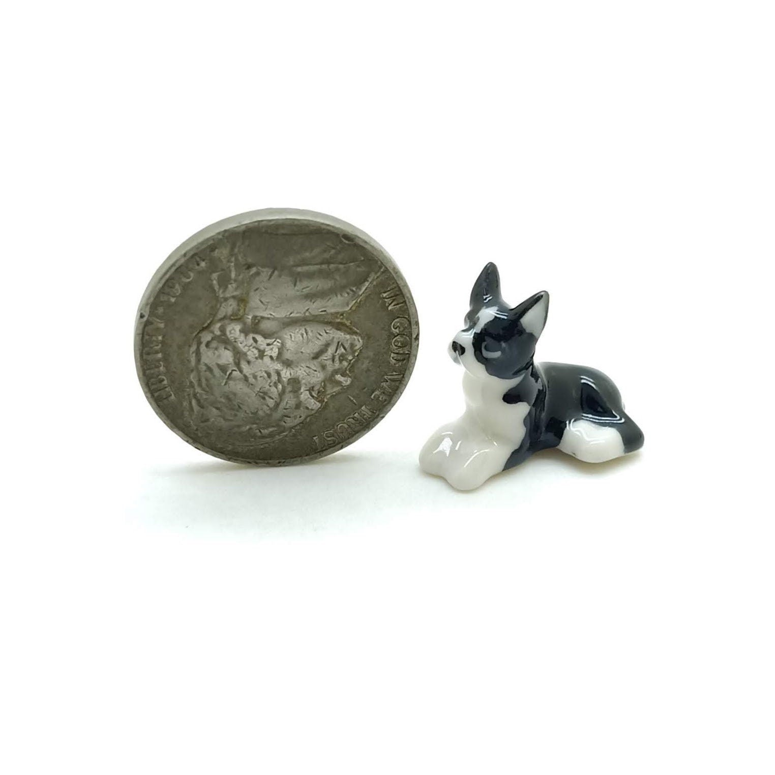 Set of Boston Terrier Dog Ceramic Figurine Miniature Statue
