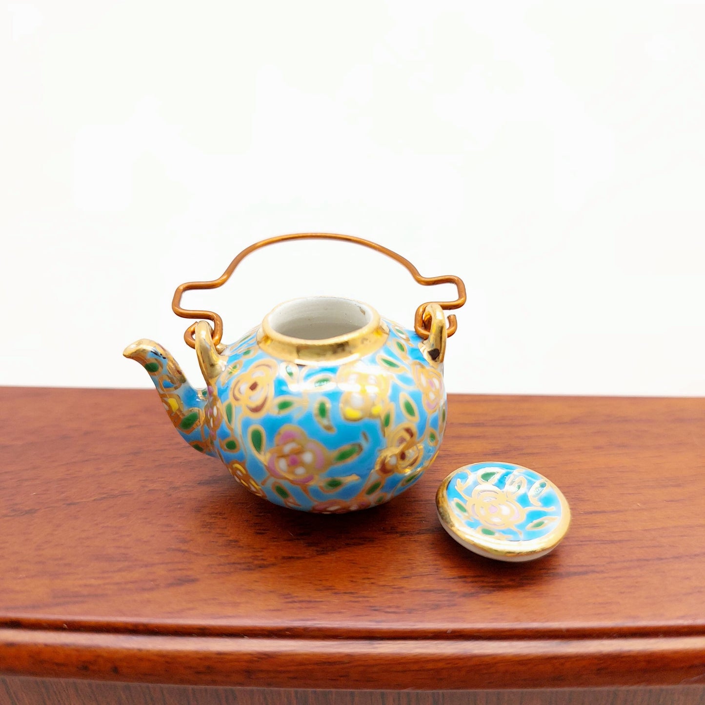 Ceramic Porcelain Miniature Chinese Teapot with Copper Handle, Benjarong patterns Golden Dots, Dollhouse Decoration, Gift for Teapot Lovers