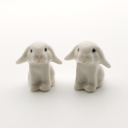 Set of 2 Tiny Rabbit Bunny Ceramic Figurines Miniature Animal Statue, available in 3 colors - Brown, Grey, White