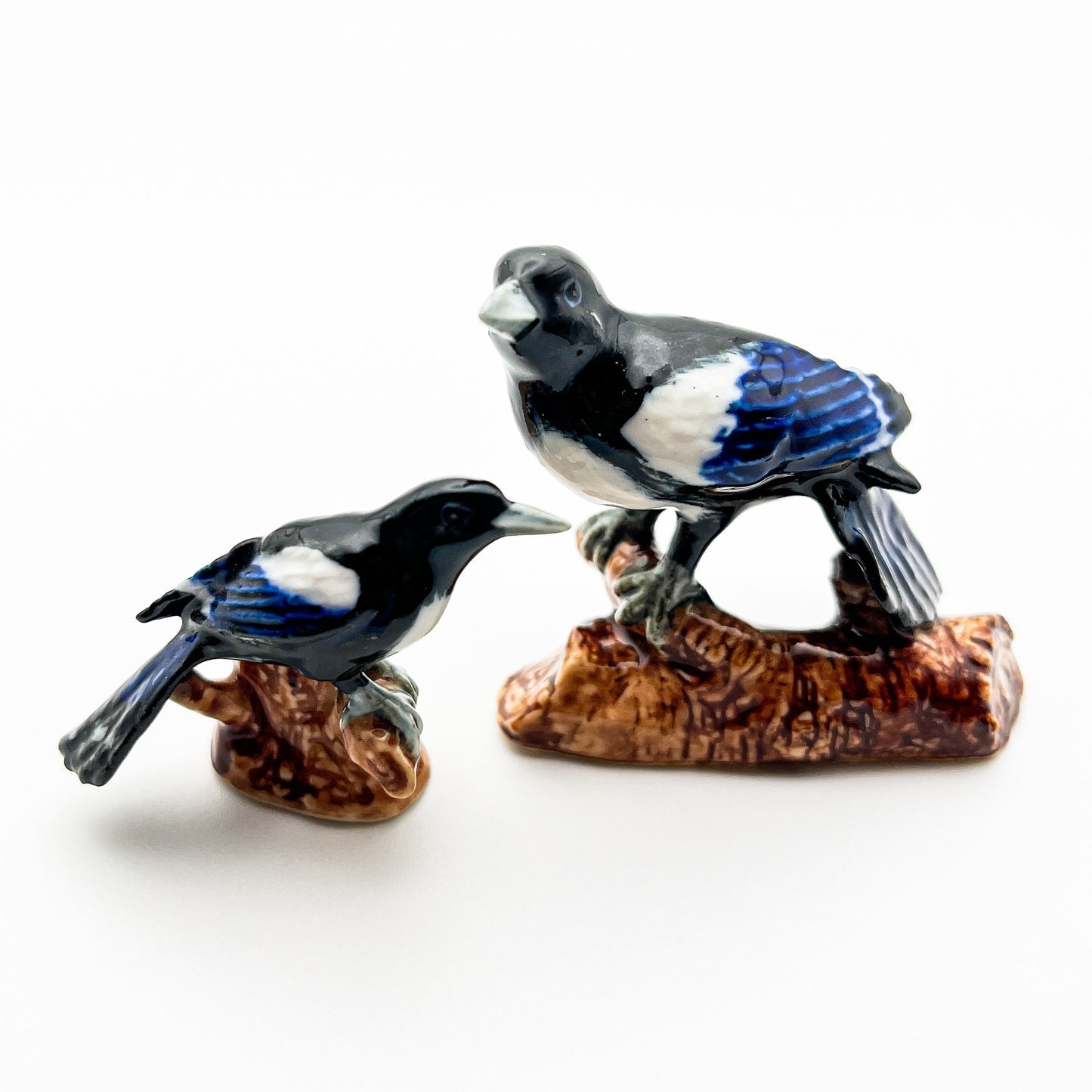 Set of 2 Crow Bird Ceramic Figurine Animal Black Mama & Baby on Trunk Statue